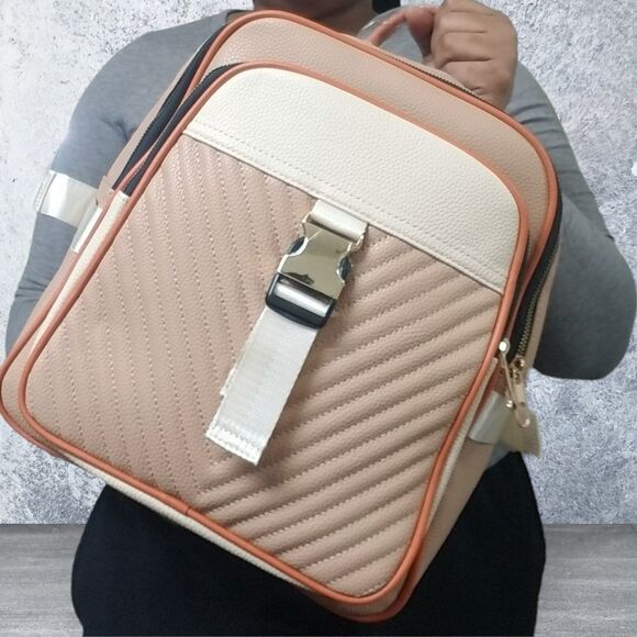Double zip Square Top Tan and Cream backpack purse - Picture 2 of 9